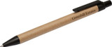A brown eco-friendly pen with a black clip, featuring a logo on the barrel.