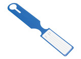 A blue luggage tag with a slot for personal information and a circular cutout. It features a branding logo.