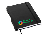 A black A5 notebook with a pen holder and an elastic band, featuring a logo on the cover. A black A5 notebook with a pen holder and an elastic band, featuring a logo on the cover.