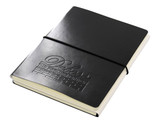 A black A5 notebook with a textured cover, featuring an elastic band closure and an embossed logo.