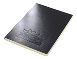 A black A5 notebook with a textured cover and an embossed logo. It features cream-coloured pages.