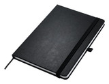Apex A5 notebook with a black textured cover, featuring an elastic band closure and a ribbon marker.
