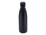 A drink bottle in matte black finish with a sleek design and a cap, featuring a logo.