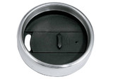 A drink bottle lid featuring a metallic edge and a black inner seal, designed for a travel mug.