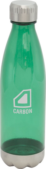 A drink bottle in vibrant green with a stainless steel base and a logo on the front. A drink bottle in vibrant green with a stainless steel base and a logo on the front.