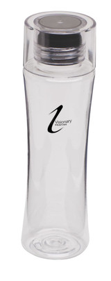 A drink bottle with a clear body and a silver cap, featuring a logo on the side.
