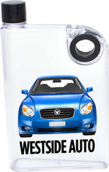 A drink bottle in clear plastic with a blue car design and a black cap, featuring a logo on the front.