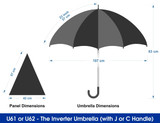 An inverted umbrella with a J handle, featuring a black canopy and specifications for size dimensions.