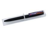 A black pen displayed in a clear rectangular box with a logo. The box features a sliding cover.