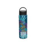 A drink bottle featuring a vibrant blue design with abstract patterns and a black lid. It includes a logo at the bottom.