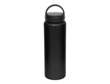 A drink bottle in matte black with a lid and a carry handle, featuring a logo on the body. A drink bottle in matte black with a lid and a carry handle, featuring a logo on the body.