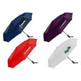 A set of four fold-up umbrellas in navy, red, burgundy, and white, each featuring a logo.
