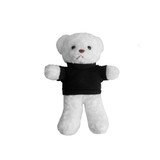 A white plush bear toy wearing a black shirt, featuring a cute face and soft limbs, with a small brown nose.