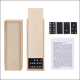 A wooden box set containing black dominoes with white dots, accompanied by a set of instructions.