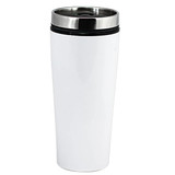 A drink bottle in white with a stainless steel lid and black silicone band, featuring a sleek, modern design.