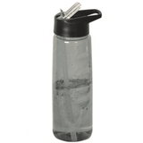 A drink bottle in translucent grey with a black cap and straw, featuring a logo on the side.