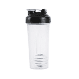 A drink bottle with a transparent body and a black lid, featuring a built-in shaker and measurement markings. A drink bottle with a transparent body and a black lid, featuring a built-in shaker and measurement markings.