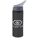 A drink bottle in matte black with a grey lid featuring a logo. The bottle has a sleek, modern design.
