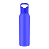 A drink bottle in a vibrant blue colour with a cap and handle, featuring a branding logo.