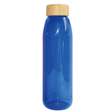 A drink bottle in vibrant blue with a bamboo lid. It features a sleek, modern design and has a logo.