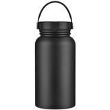 A drink bottle in matte black with a carry handle and a screw-on lid. It features a logo on the side.