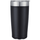 A black coffee mug with a stainless steel lid, featuring a sleek design and a logo.