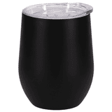 A drink bottle in matte black with a clear lid and a rounded shape. It features a logo.