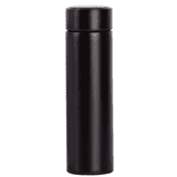 A drink bottle in sleek black with a cylindrical design and a secure lid. Features a branding logo.