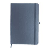 A navy notebook featuring an elastic closure and a ribbon bookmark, with a logo on the front cover.