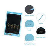 A blue LCD writing drawing tablet featuring a smooth screen and included stylus, highlights a lock and one-click clear function.