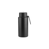 A drink bottle made of stainless steel, featuring a straw lid and a sleek black design. It has a logo on the body.