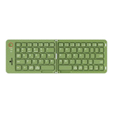 A wireless foldable keyboard in a vibrant green colour, featuring a compact design and a logo on the side.