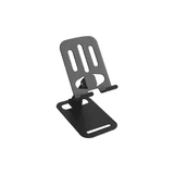 A foldable metal mobile phone stand in black, featuring a sleek design with adjustable angles.