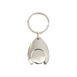 A silver teardrop-shaped trolley coin keyring featuring a round coin element and a keyring attachment.