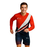 A red and navy unisex football jersey with long sleeves and a V-neck design, featuring a logo and vibrant patterns.