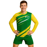A long-sleeved sports shirt in green and yellow with a logo, featuring a dynamic design and micro mesh fabric.