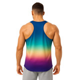 A back view of a men's singlet featuring a gradient design in blue, teal, yellow, and purple. It has a logo.