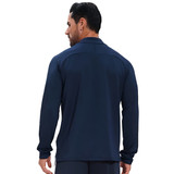 A model wears a navy polyester spandex stand-up collar quarter-zip raglan jacket, featuring long sleeves and a smooth finish.