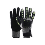 Heavy duty safety work gloves in black and grey, featuring a wrist lock and palm guard with green accents.