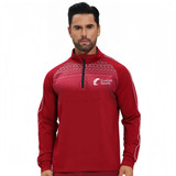 A red polyester spandex jacket with a stand-up collar and 1/4 zip, featuring contrasting splicing and a logo.