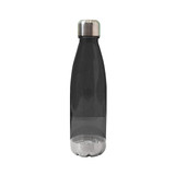 A drink bottle in translucent black with a stainless steel lid and a rounded base, featuring a logo.