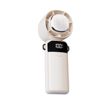 A portable cooling fan in white with a digital display and a phone stand feature.