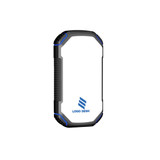 A rugged black and blue power bank with a logo on a white surface, designed for outdoor use.