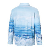 A blue sublimated fishing polo shirt featuring a water design, long sleeves, and a logo.