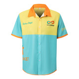 A brightly coloured button-up shirt featuring yellow and turquoise panels, with a logo and text on the front.
