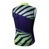 A men's cycling vest in purple and green with a distinctive geometric pattern and a logo on the back.