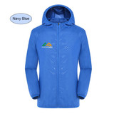 Navy blue unisex adult jacket made of 100% polyester, featuring a hood and a logo.