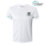 A white round-collar tee shirt with a logo, made from recycled materials, featuring a minimalist design.