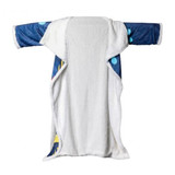 A plush, premium blanket in blue and white with a logo, featuring a sublimated front design.