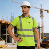 A unisex hi-vis reflective short sleeve polo shirt in bright yellow, featuring a logo and reflective stripes.